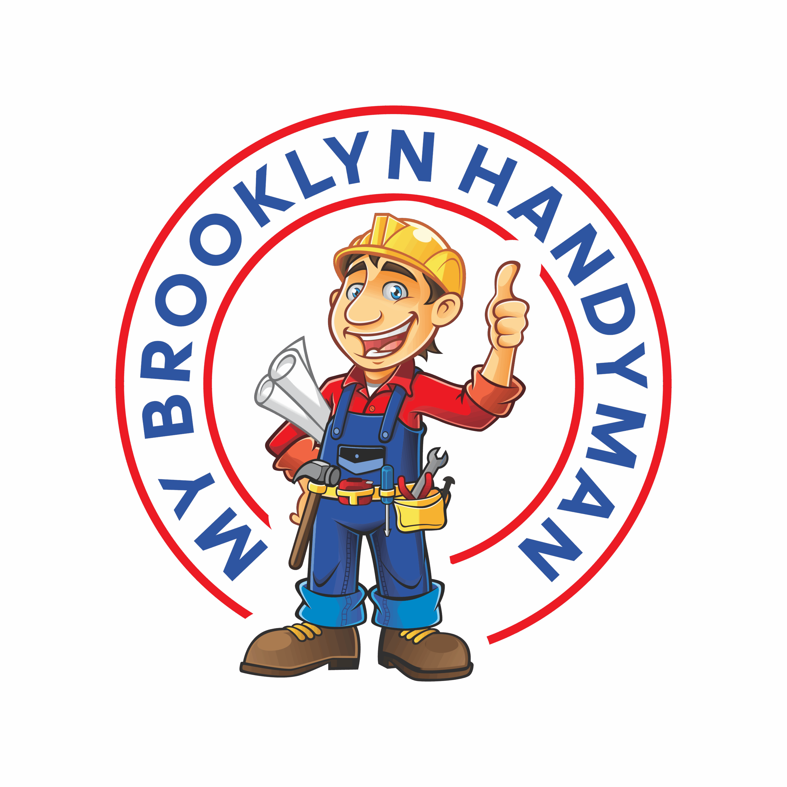 Cartoon handyman wearing a hard hat and tool belt, holding blueprints and giving a thumbs up, with "MY BROOKLYN HANDYMAN" text in a red and blue circular border.